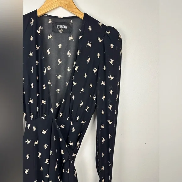Reformation Whitby Wrap Gato Cat Print V Neck Mini Dress Women’s Sz XS - Picture 5 of 10